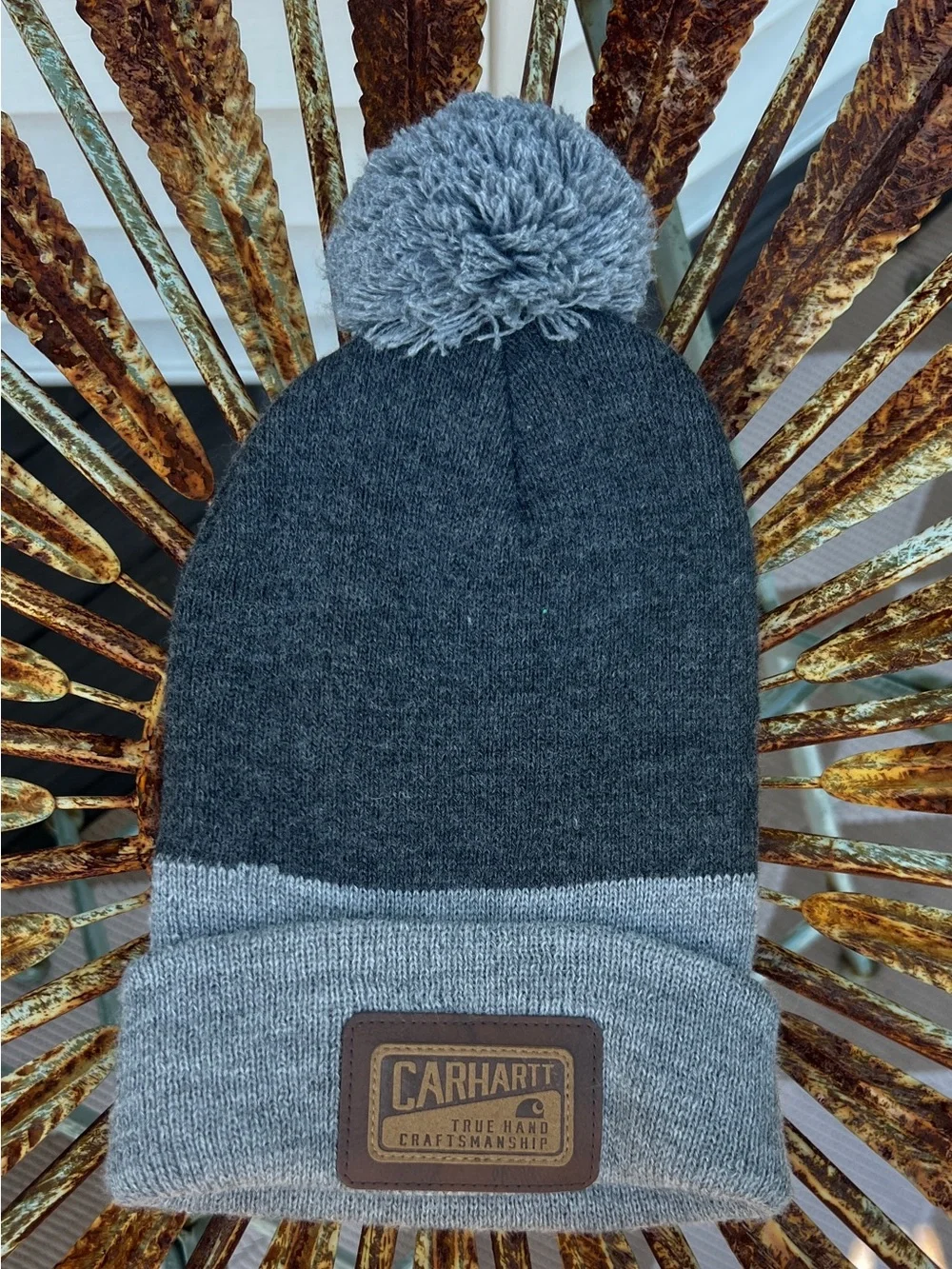 Carhartt Pom Pom Beanie Gray Knit Hat Winter Cuffed Logo Cap Unisex